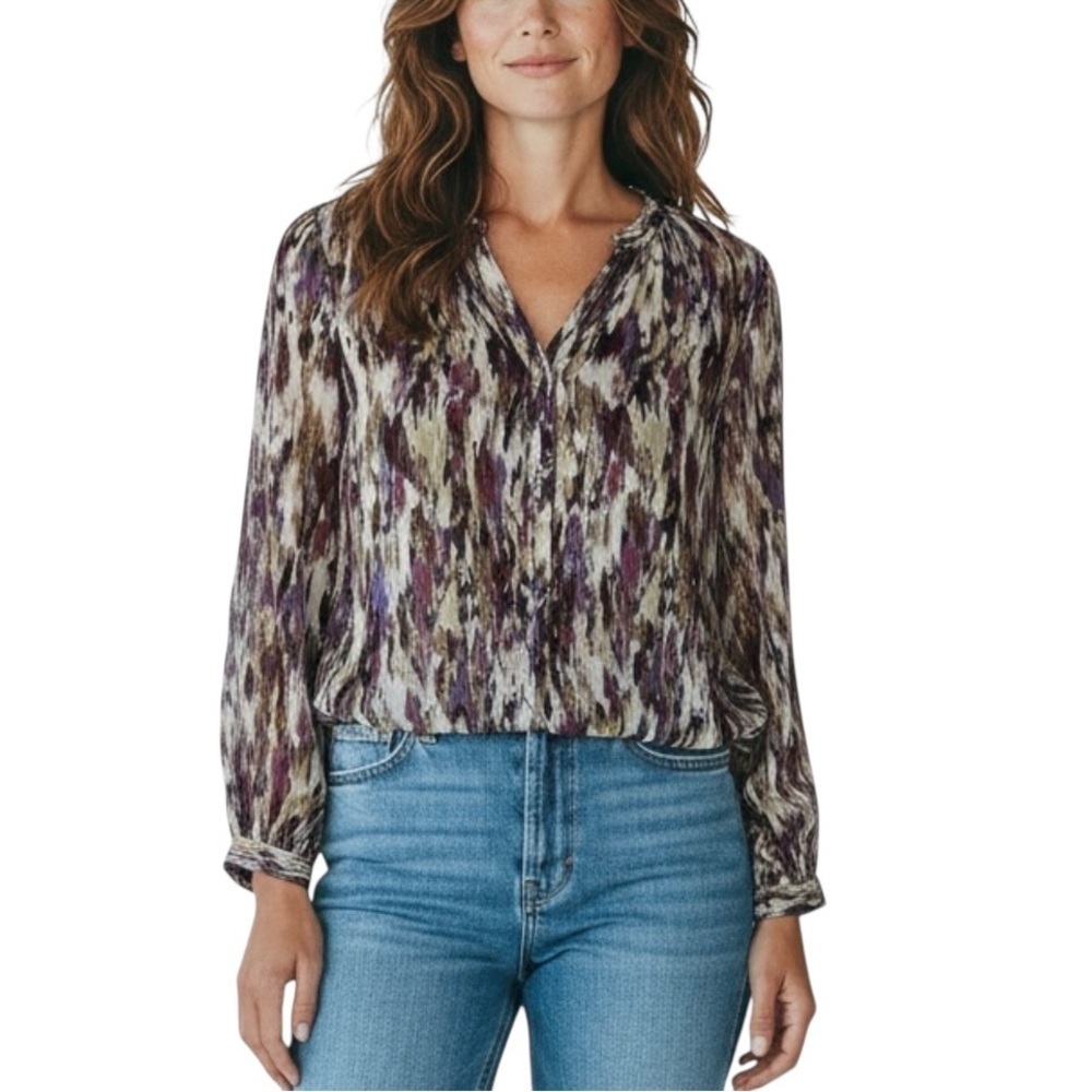 Chico's Purple and Gold Abstract Print Split neck blouse 14